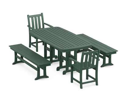 POLYWOOD® Traditional Garden 5-Piece Dining Set with Benches in Green