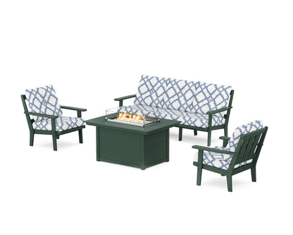 POLYWOOD® Oxford Deep Seating Fire Pit Table Set in Green / Trellis Sky Blue
