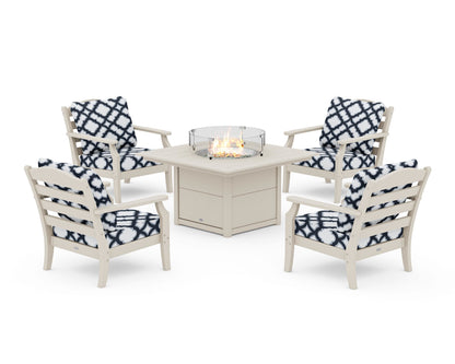 Draper James™ by  POLYWOOD® Savannah 5-Piece Deep Seating Set with Fire Pit Table in Sand / Trellis Marine Indigo