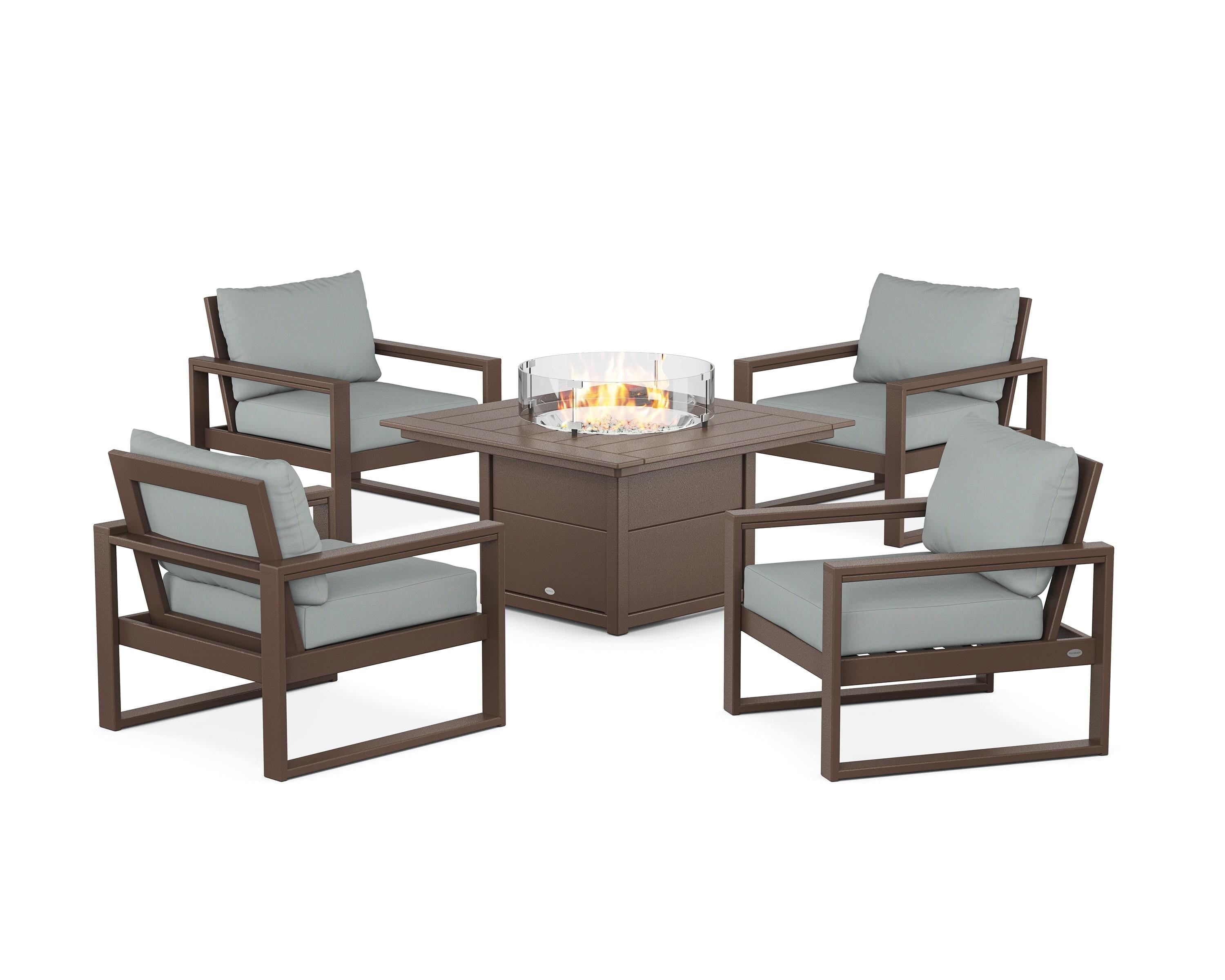 POLYWOOD® EDGE Sectional 5-Piece Deep Seating Set with Fire Pit Table in Mahogany / Spa
