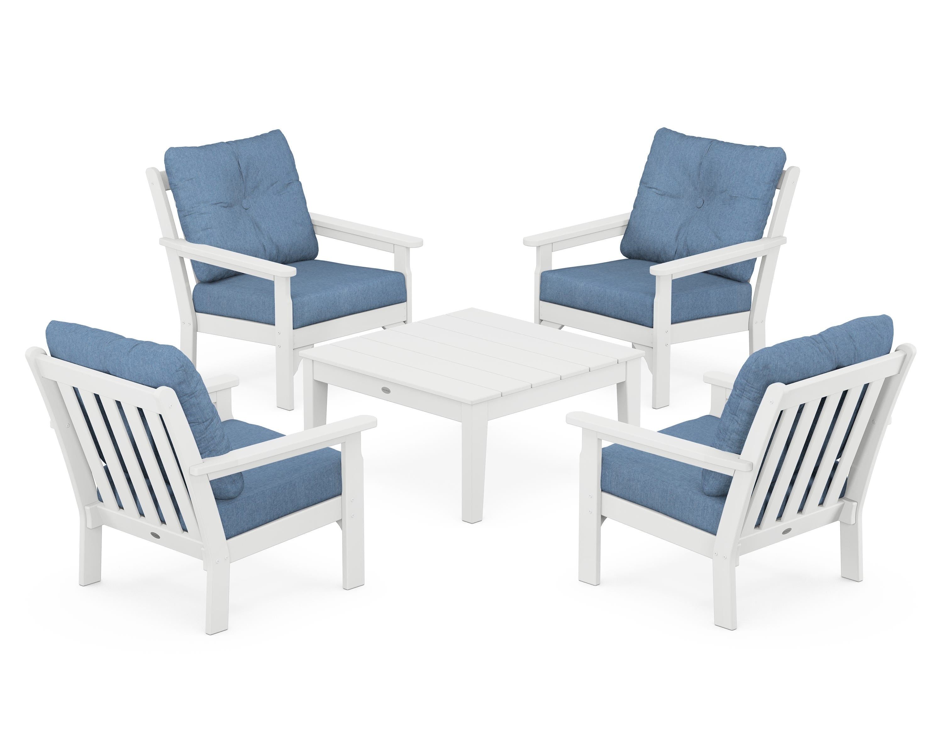 POLYWOOD® Vineyard 5-Piece Deep Seating Conversation Set in White / Sky Blue