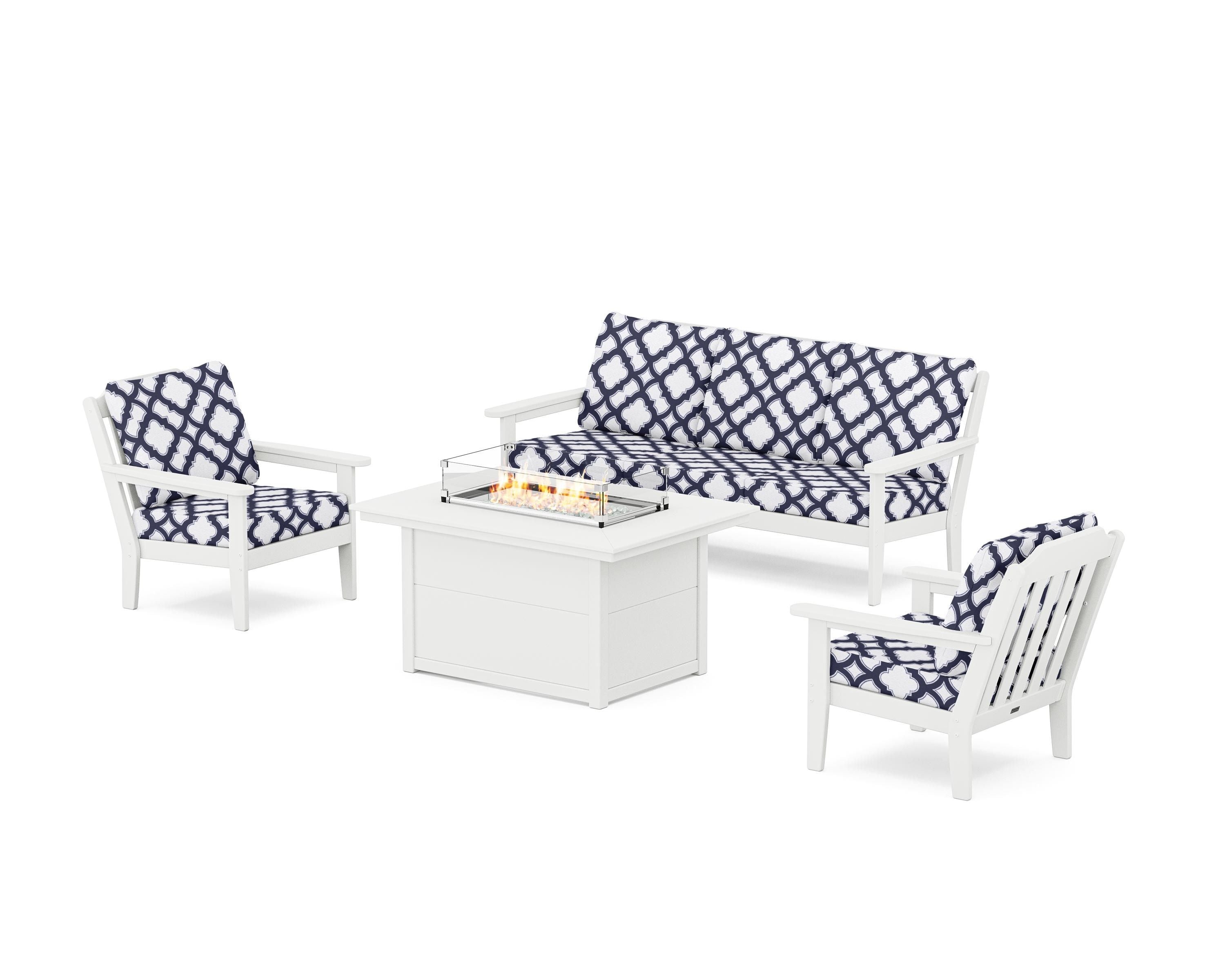 Country Living Cottage Deep Seating Fire Pit Table Set in White / Trellis Navy