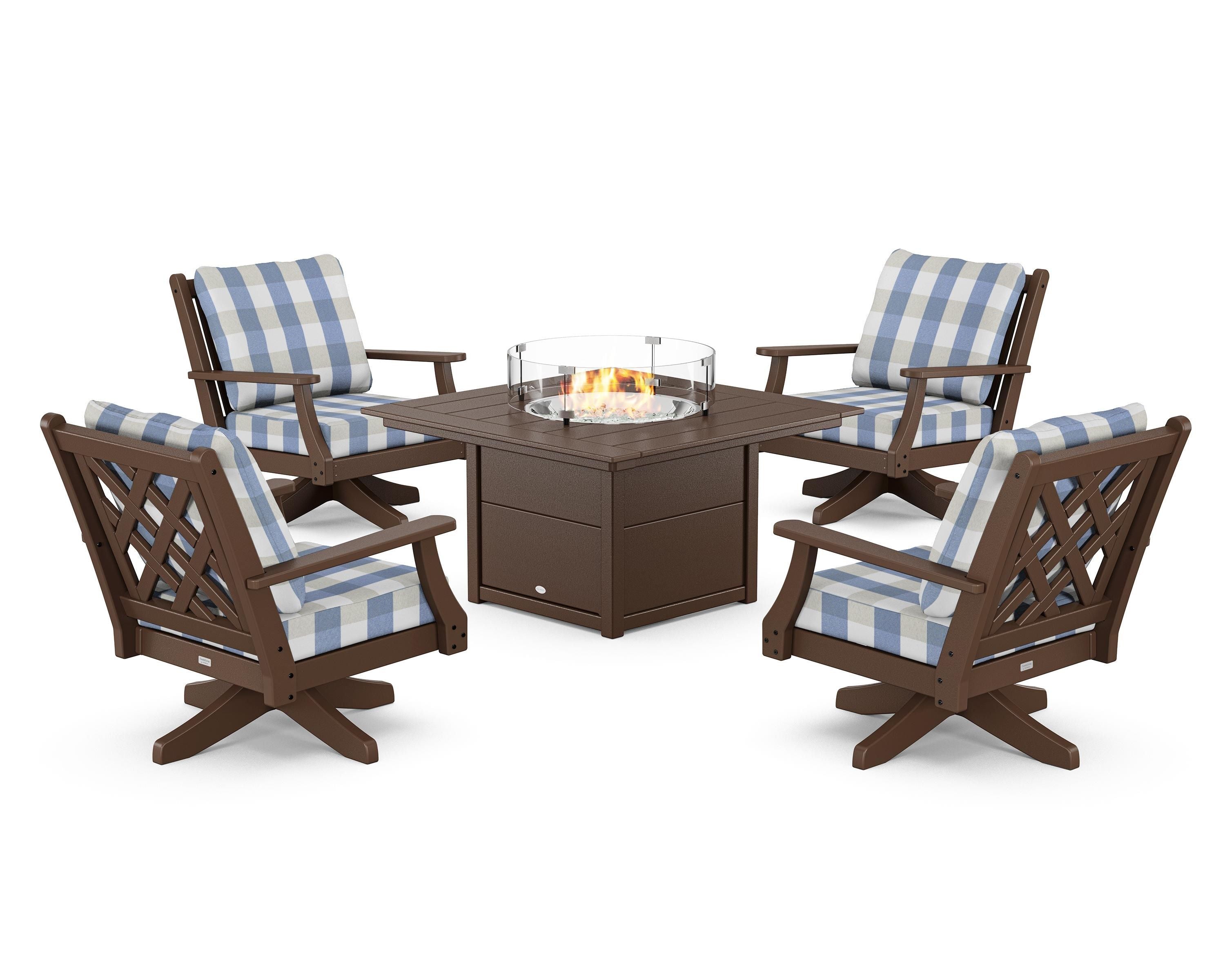 Country Living Wovendale 5-Piece Deep Seating Swivel Conversation Set with Fire Pit Table in Mahogany / Buffalo Plaid Sky Blue