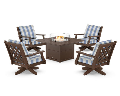 Country Living Wovendale 5-Piece Deep Seating Swivel Conversation Set with Fire Pit Table in Mahogany / Buffalo Plaid Sky Blue