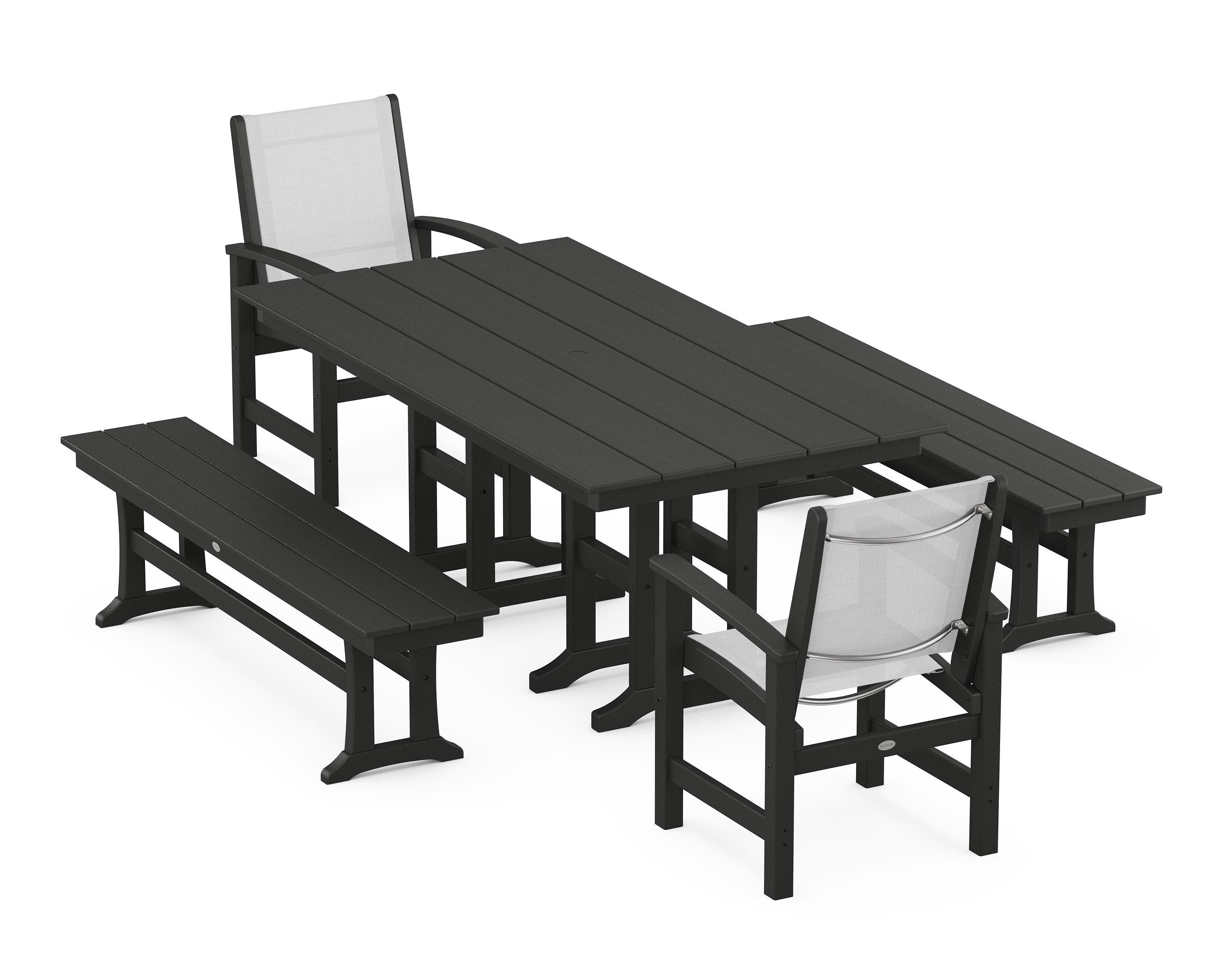 POLYWOOD® Coastal 5-Piece Farmhouse Dining Set in Black / White Sling