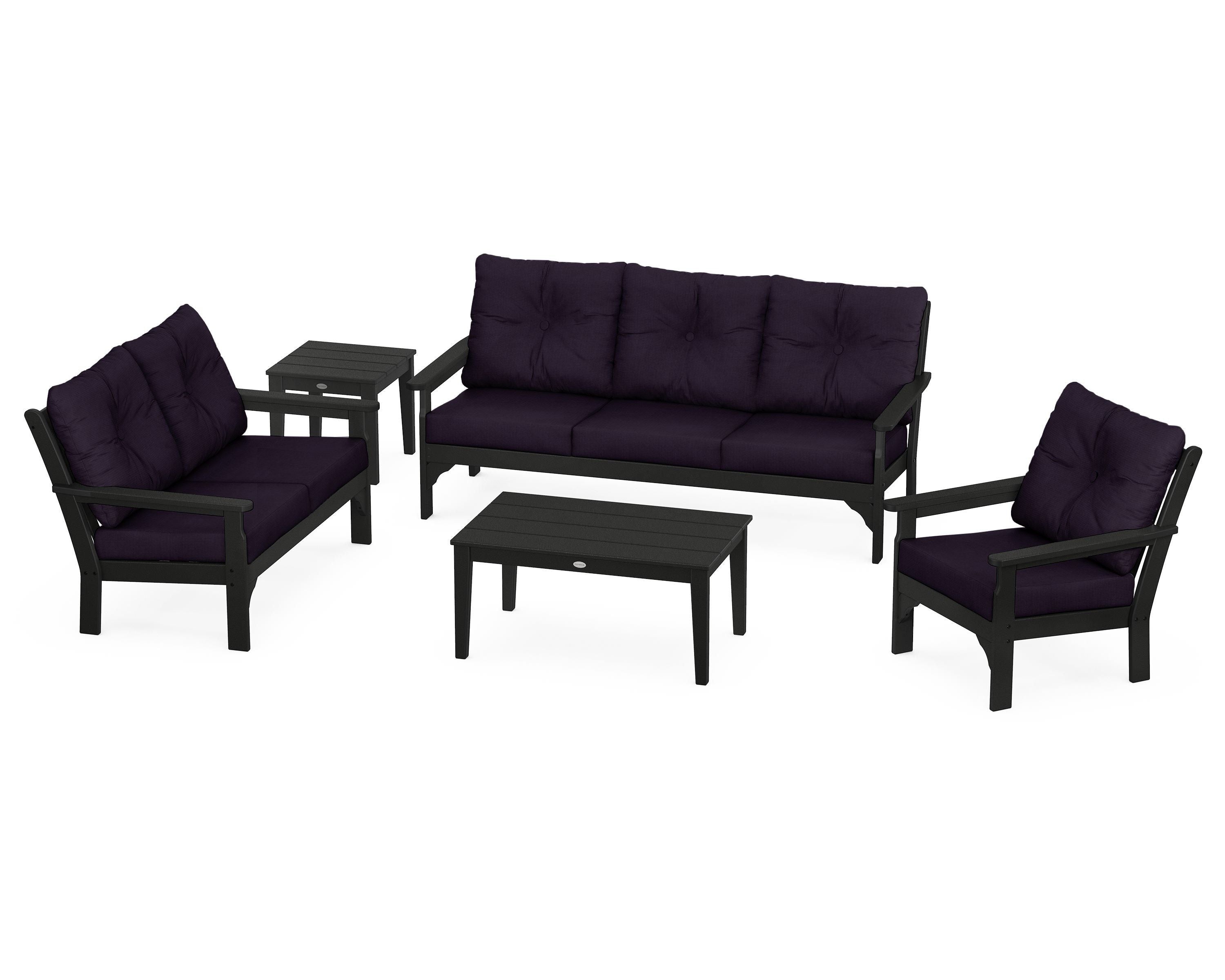 POLYWOOD® Vineyard 5 Piece Deep Seating Set in Black / Navy Linen