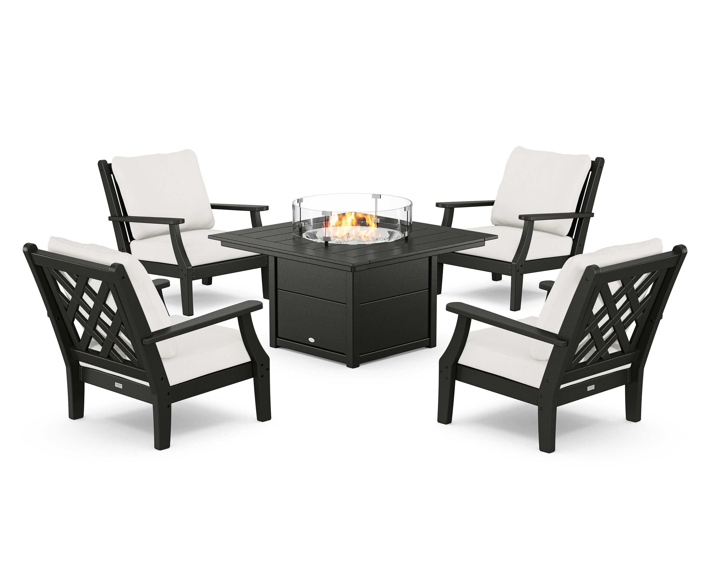 Country Living Wovendale 5-Piece Deep Seating Set with Fire Pit Table in Black / Natural Linen