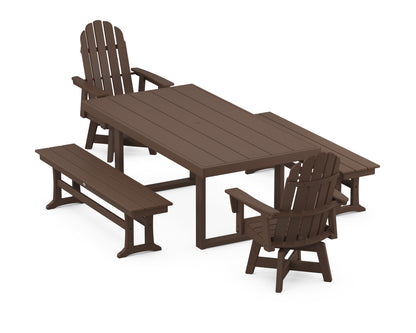 POLYWOOD® Vineyard Curveback Adirondack Swivel Chair 5-Piece Dining Set with Benches in Mahogany