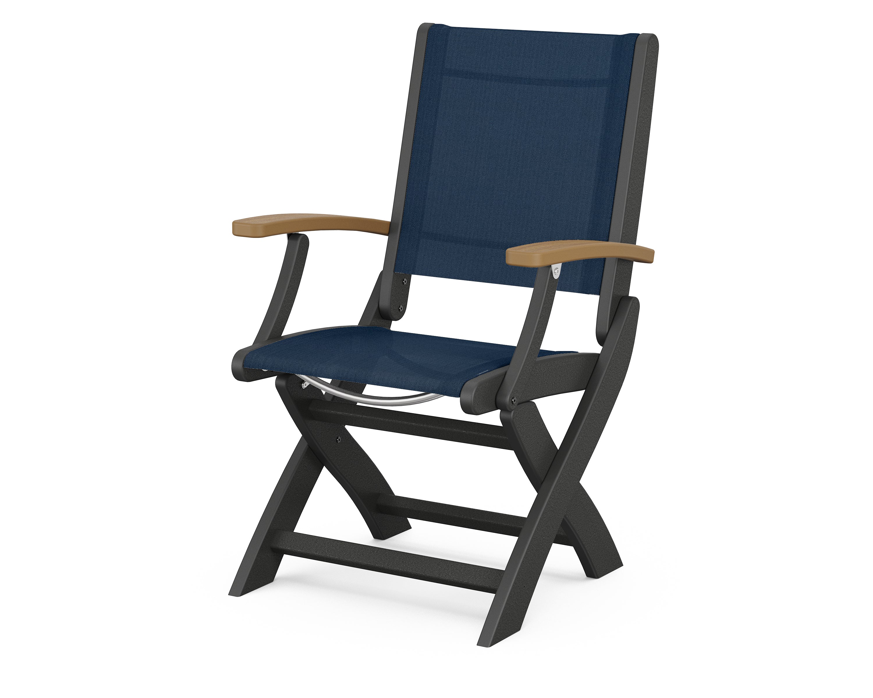 POLYWOOD® Coastal Folding Chair in Black / Natural / Navy Blue Sling