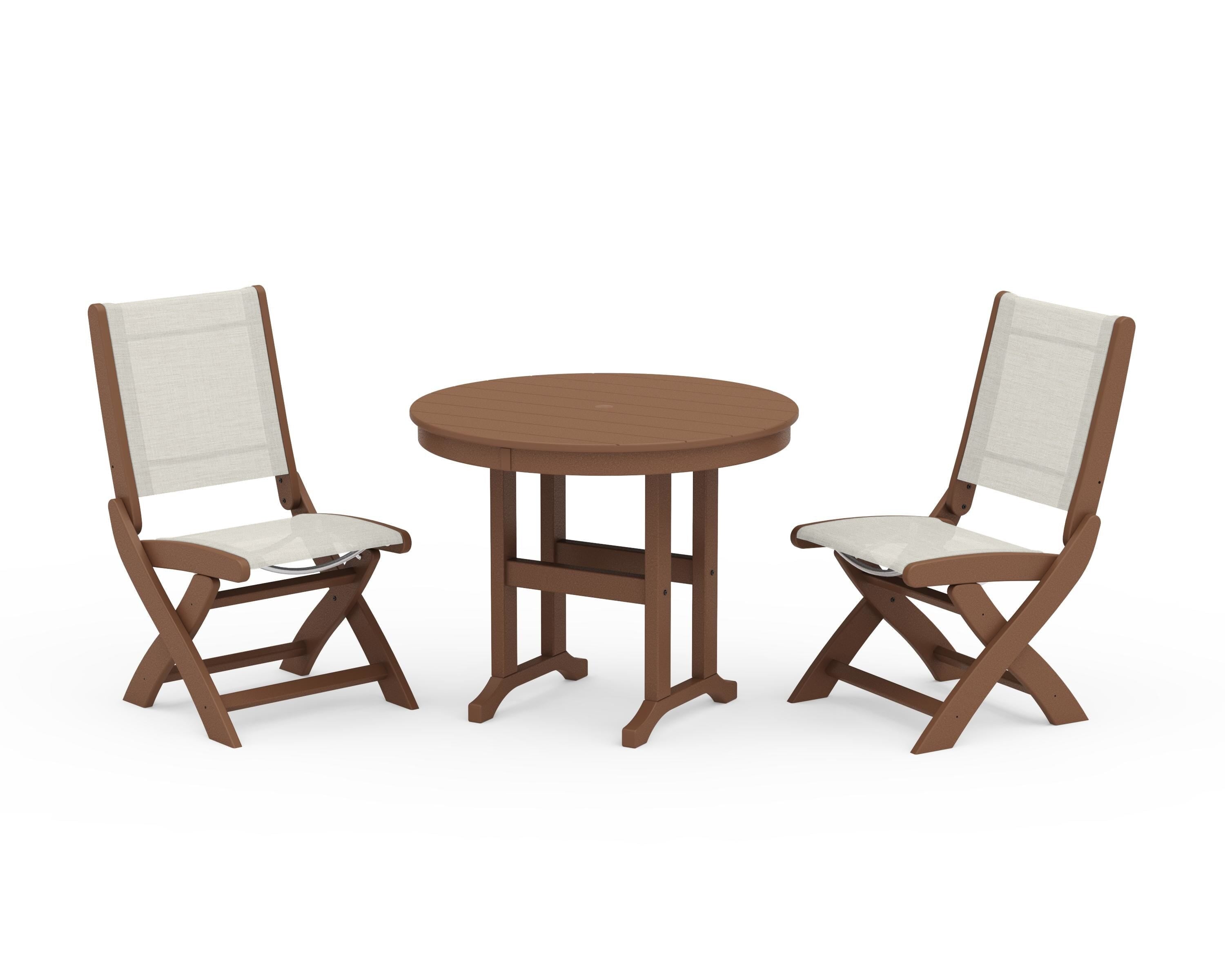 POLYWOOD® Coastal Folding Side Chair 3-Piece Round Dining Set in Teak / Parchment Sling