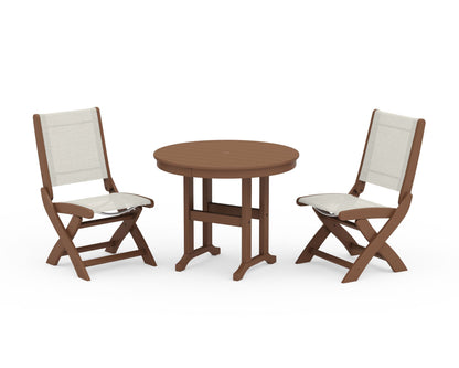 POLYWOOD® Coastal Folding Side Chair 3-Piece Round Dining Set in Teak / Parchment Sling