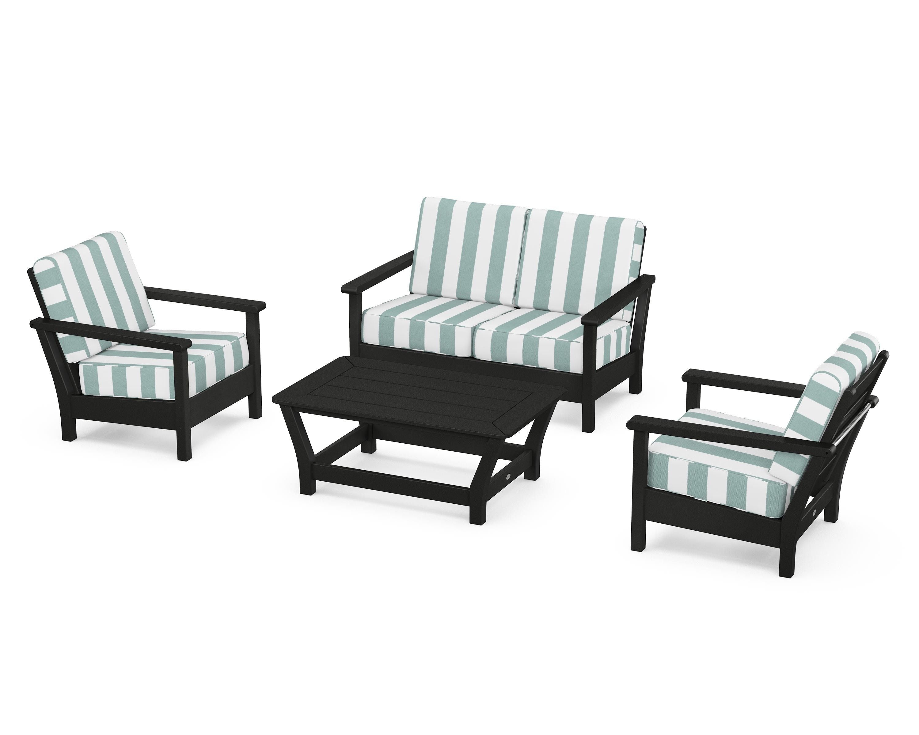 POLYWOOD® Harbour 4-Piece Deep Seating Set in Black / Cabana Stripe Glacier Spa