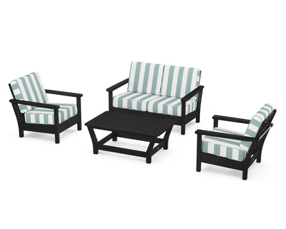 POLYWOOD® Harbour 4-Piece Deep Seating Set in Black / Cabana Stripe Glacier Spa