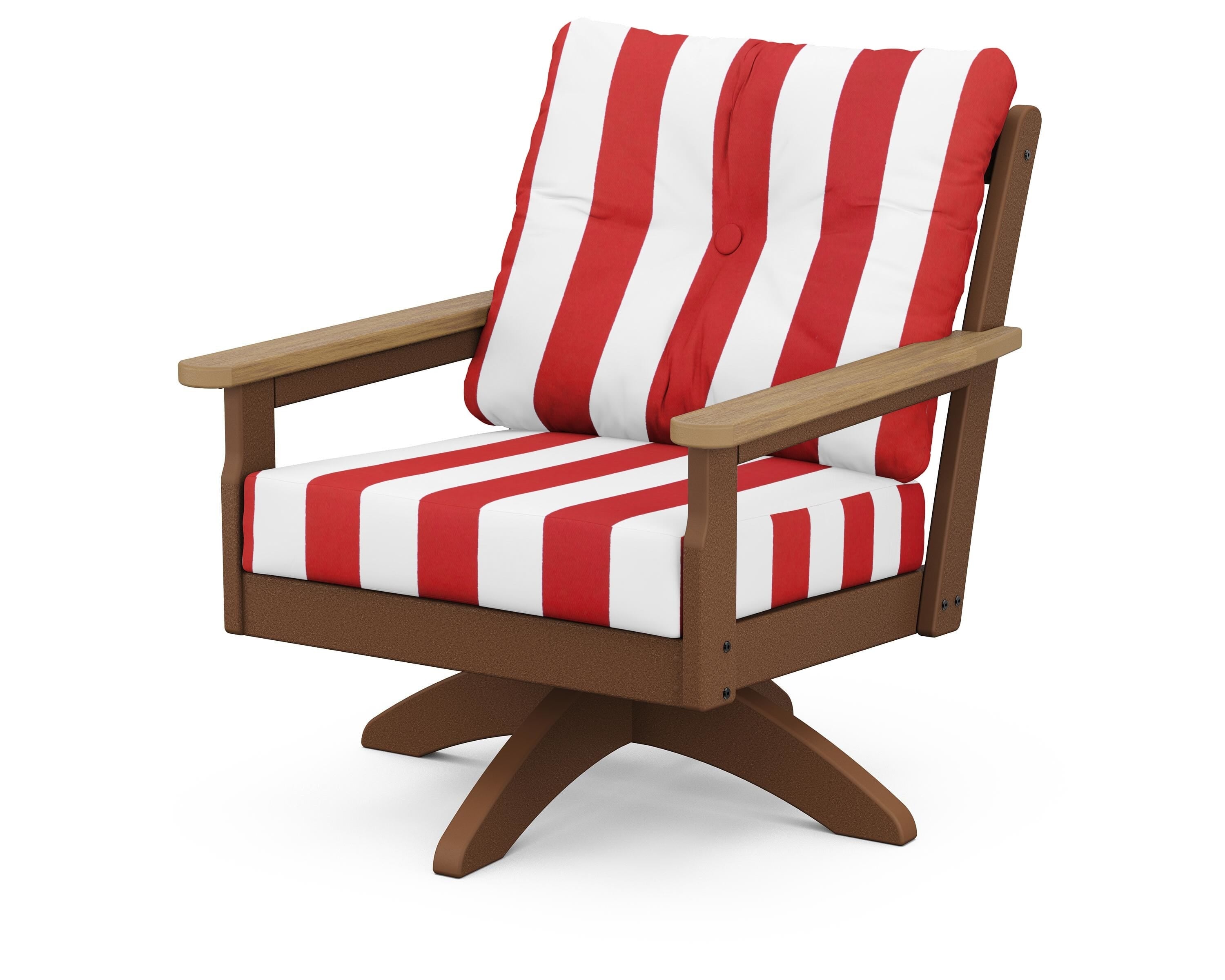POLYWOOD® Vineyard Deep Seating Swivel Chair in Teak / Natural / Cabana Stripe Crimson