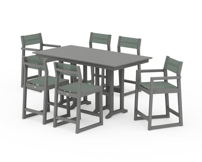 POLYWOOD® EDGE Sling 7-Piece Farmhouse Counter Set with Trestle Legs in Slate Grey / Dupioni Sea Mist Sling
