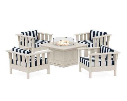 Martha Stewart by POLYWOOD® Acadia 5-Piece Deep Seating Set with Fire Pit Table in Sand / Cabana Stripe Marine Indigo
