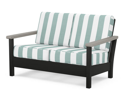 POLYWOOD® Harbour Deep Seating Loveseat in Black / Driftwood / Cabana Stripe Glacier Spa