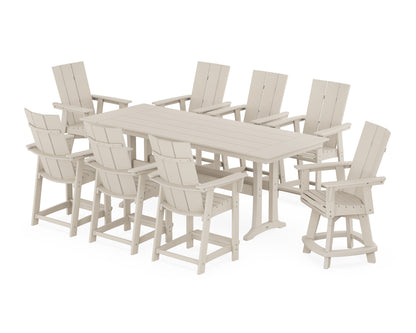 POLYWOOD® Modern Curveback Adirondack Swivel 9-Piece Farmhouse Counter Set with Trestle Legs in Sand