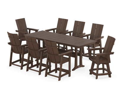 POLYWOOD® Modern Curveback Adirondack Swivel 9-Piece Farmhouse Counter Set with Trestle Legs in Mahogany