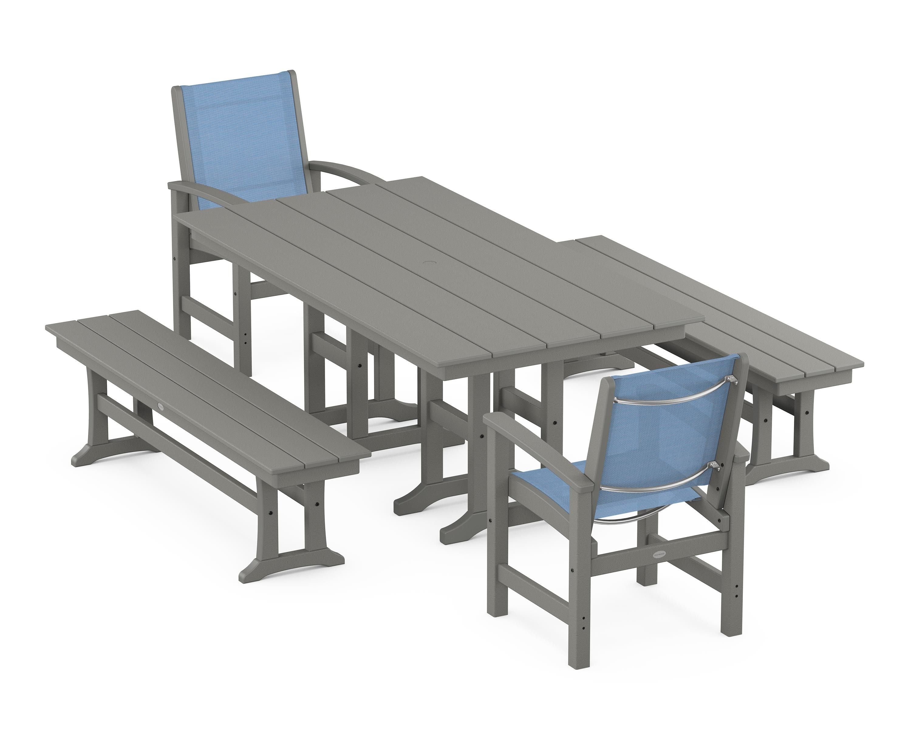 POLYWOOD® Coastal 5-Piece Farmhouse Dining Set in Slate Grey / Poolside Sling