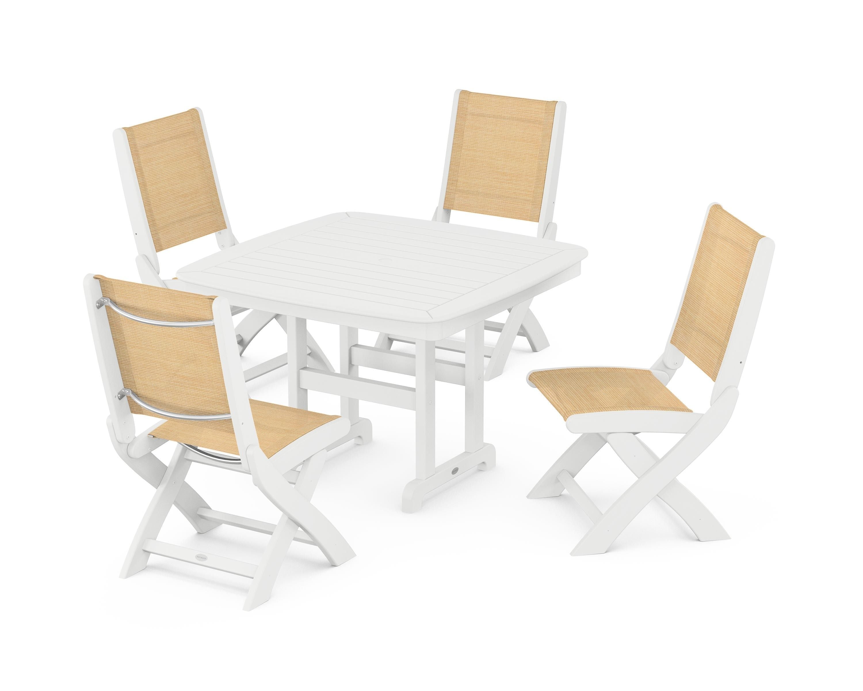 POLYWOOD® Coastal Folding Side Chair 5-Piece Dining Set in White / Dupioni Apricot Sling