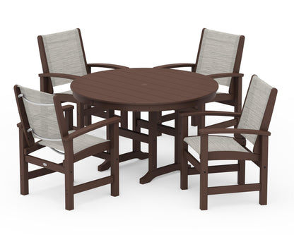 POLYWOOD® Coastal 5-Piece Round Farmhouse Dining Set in Mahogany / Birch Sling