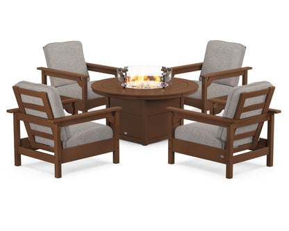POLYWOOD® Club 5-Piece Conversation Set with Fire Pit Table in Teak / Weathered Tweed