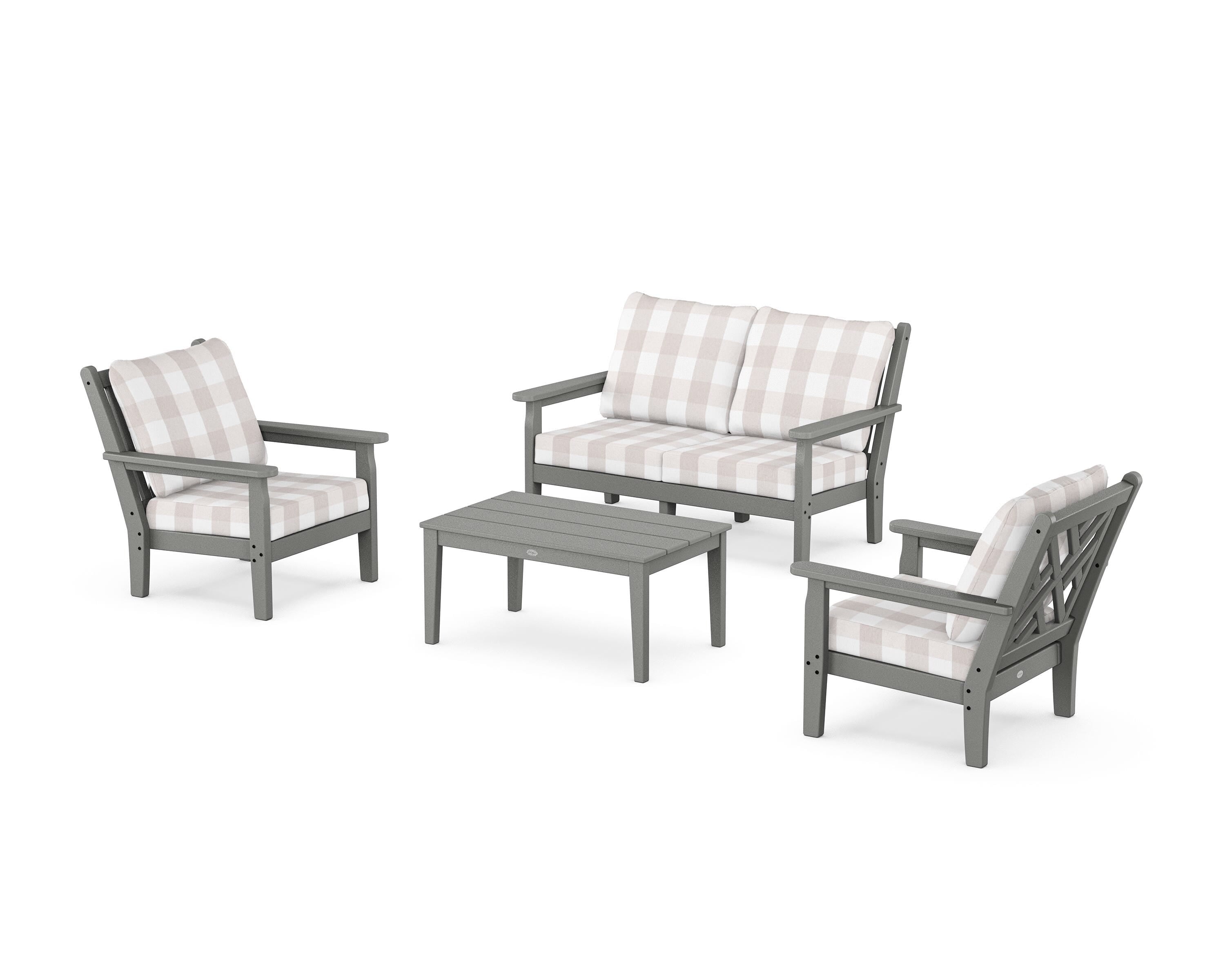 POLYWOOD® Chippendale 4-Piece Deep Seating Set with Loveseat in Slate Grey / Buffalo Plaid Dune Burlap