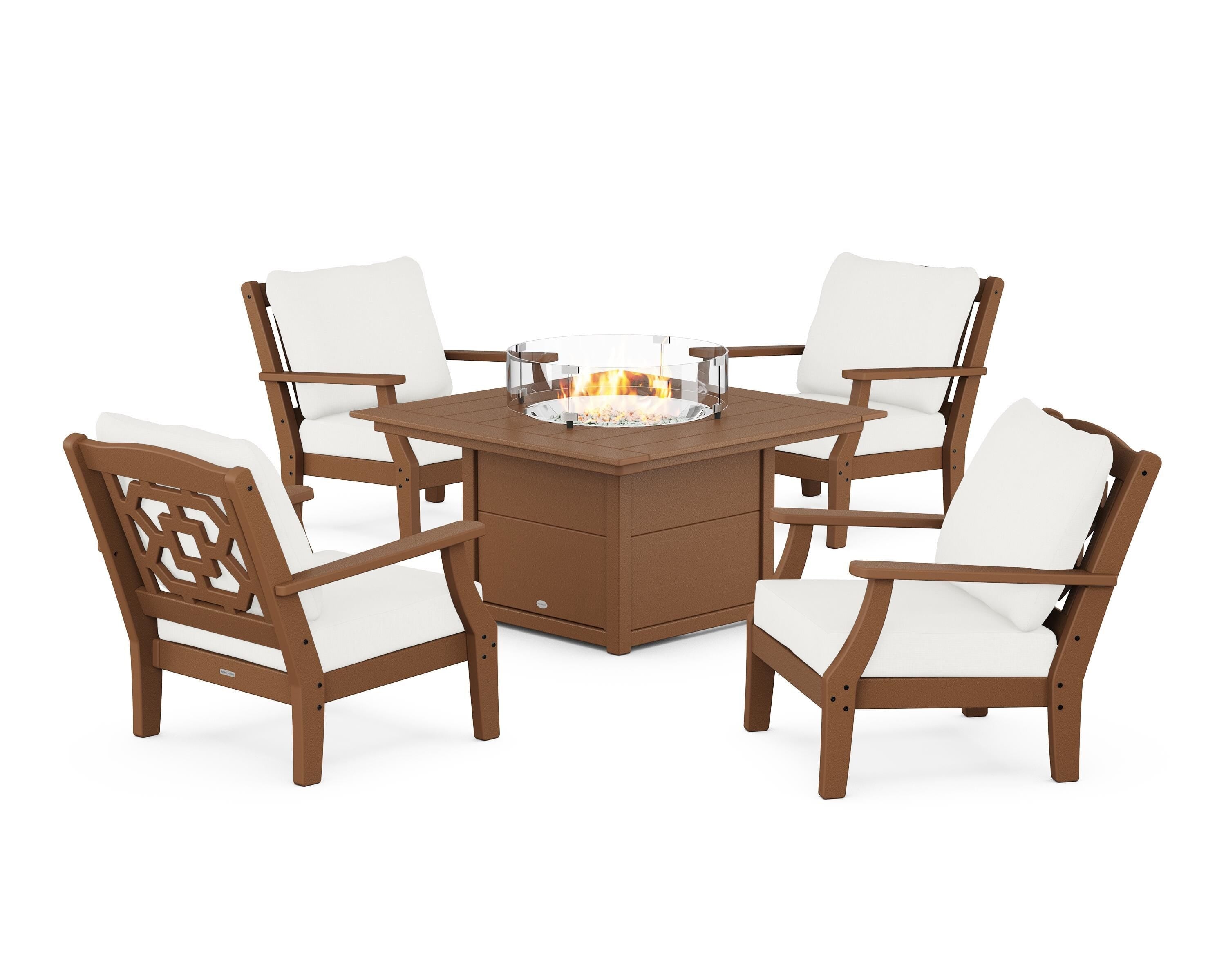 Martha Stewart by POLYWOOD® Chinoiserie 5-Piece Deep Seating Set with Fire Pit Table in Teak / Natural Linen