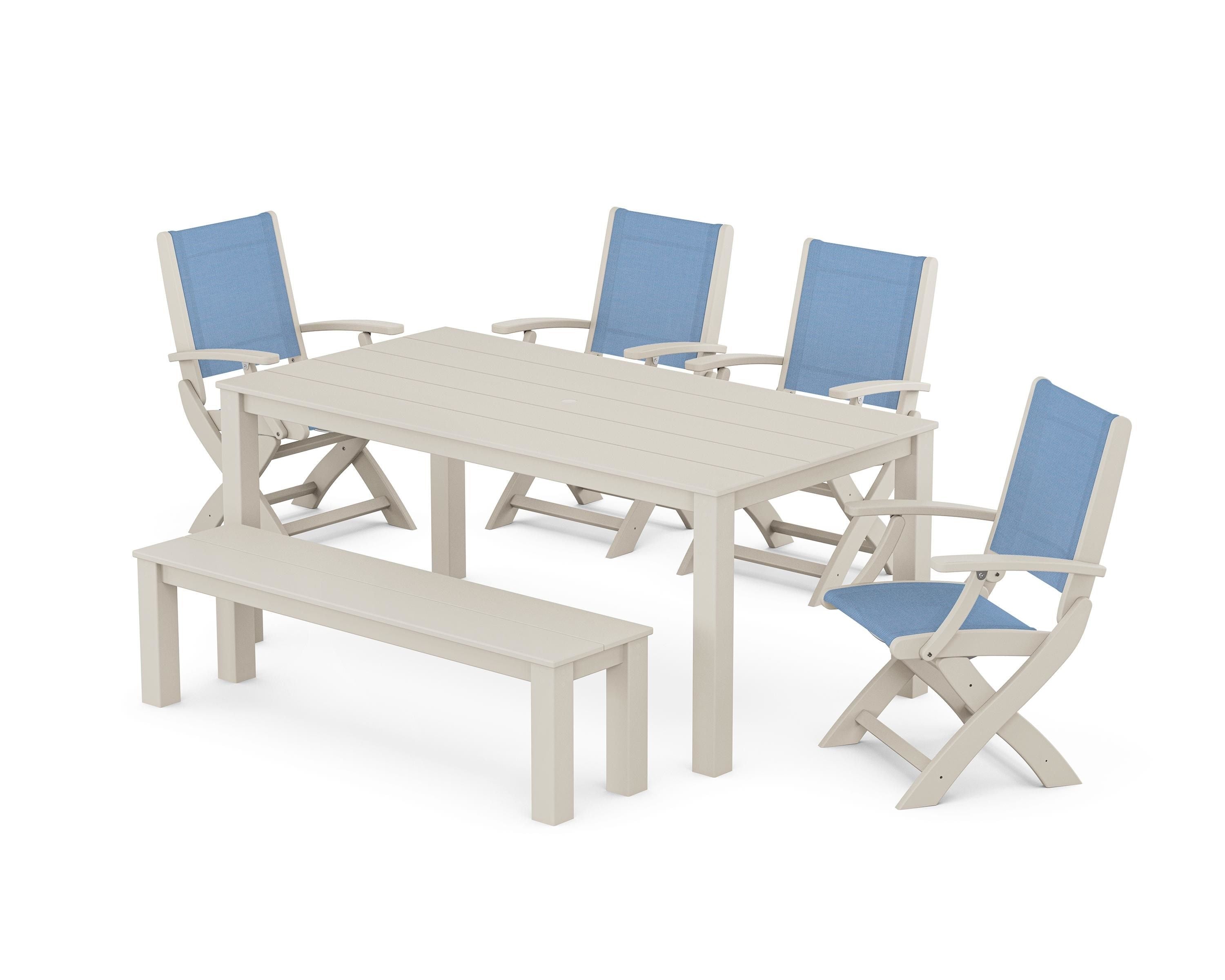 POLYWOOD® Coastal Folding Chair 6-Piece Parsons Dining Set with Bench in Sand / Poolside Sling