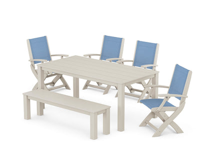 POLYWOOD® Coastal Folding Chair 6-Piece Parsons Dining Set with Bench in Sand / Poolside Sling