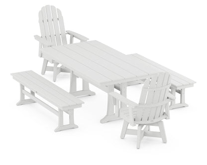 POLYWOOD® Vineyard Curveback Adirondack Swivel Chair 5-Piece Farmhouse Dining Set With Trestle Legs and Benches in White