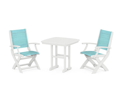 POLYWOOD® Coastal Folding Chair 3-Piece Dining Set in White / Dupioni Aquamarine Sling