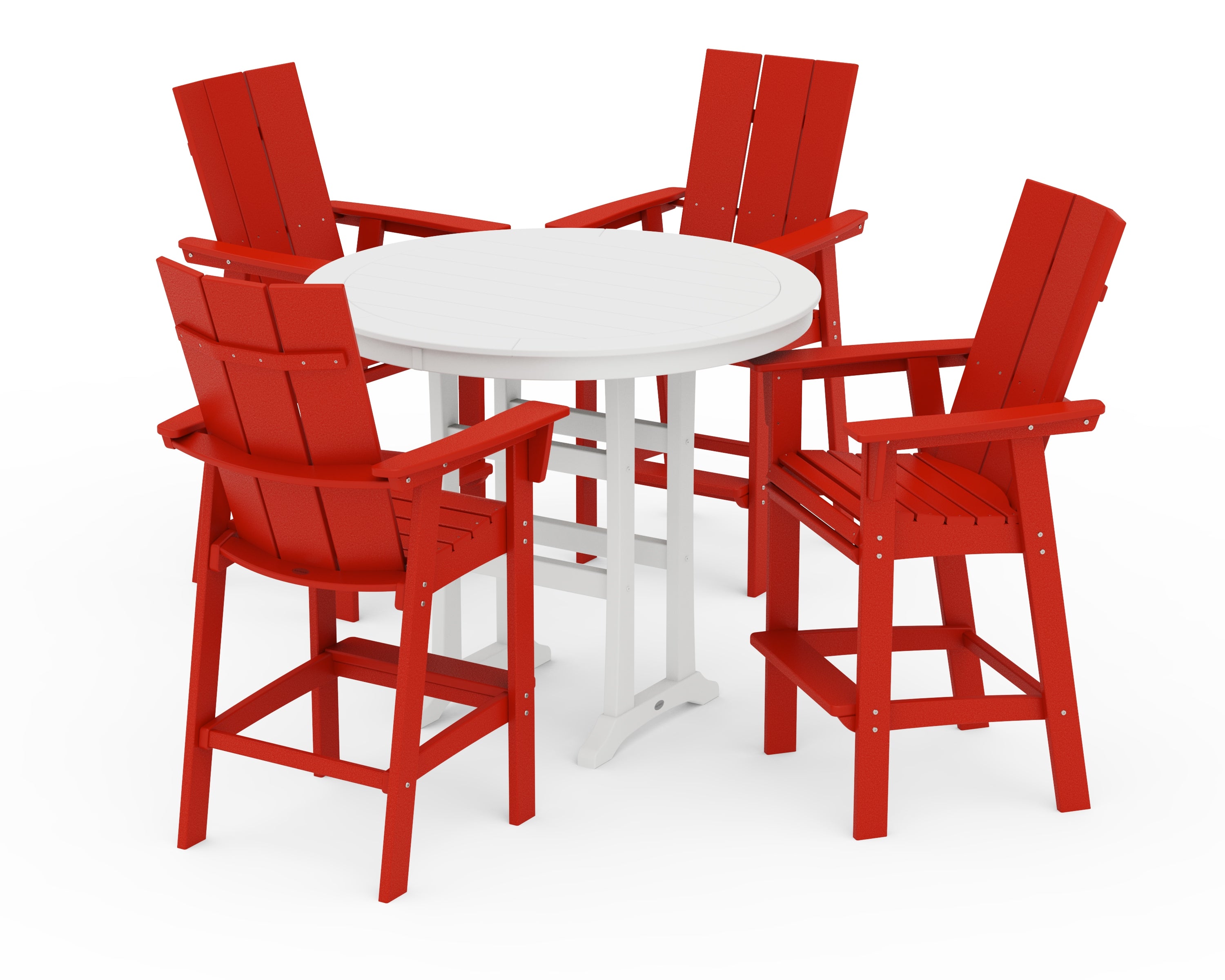 POLYWOOD® Modern Curveback Adirondack 5-Piece Nautical Trestle Bar Set in Sunset Red / White