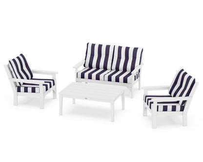 POLYWOOD® Vineyard 4-Piece Deep Seating Set in White / Cabana Stripe Navy
