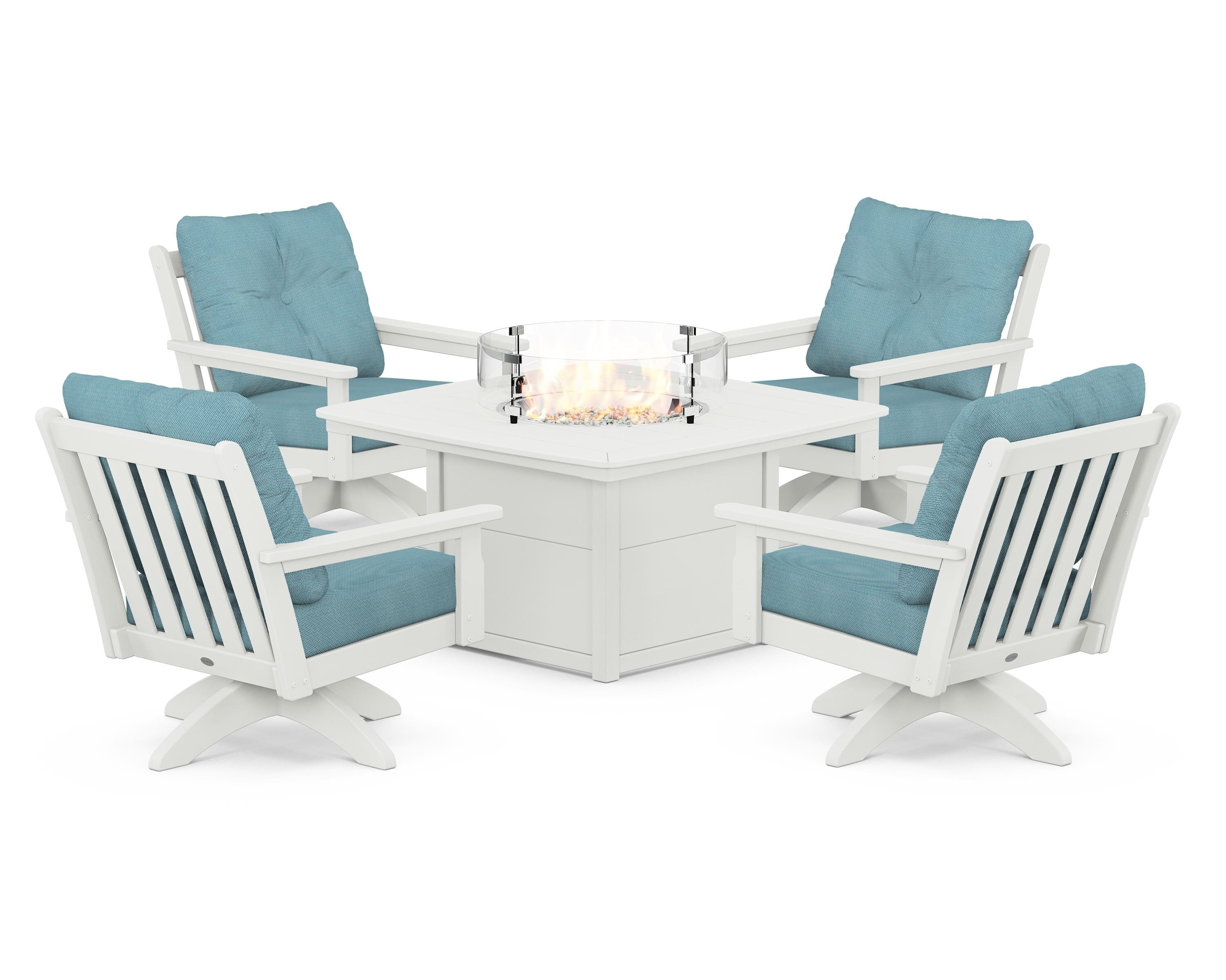 POLYWOOD® Vineyard 5-Piece Deep Seating Swivel Conversation Set with Fire Pit Table in Vintage White / Lattice Sky Blue