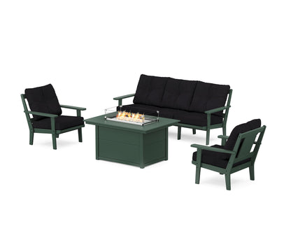 POLYWOOD® Prairie Deep Seating Fire Pit Table Set in Green / Midnight Linen