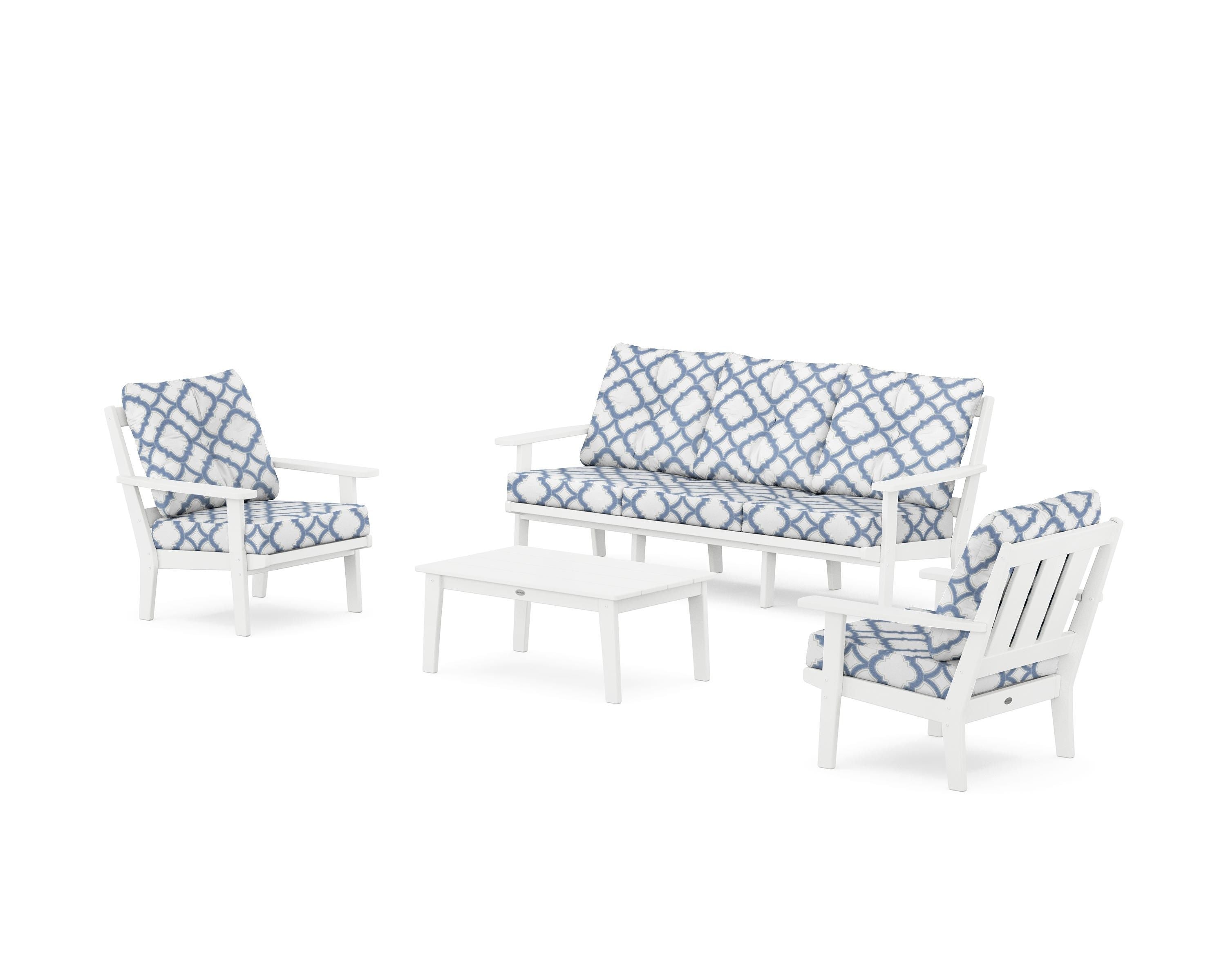 POLYWOOD® Oxford 4-Piece Deep Seating Set with Sofa in White / Trellis Sky Blue