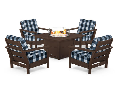 POLYWOOD® Harbour 5-Piece Conversation Set with Fire Pit Table in Mahogany / Buffalo Plaid Marine Indigo