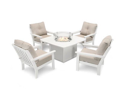 POLYWOOD® Vineyard 5-Piece Conversation Set with Fire Pit Table in White / Cast Ash