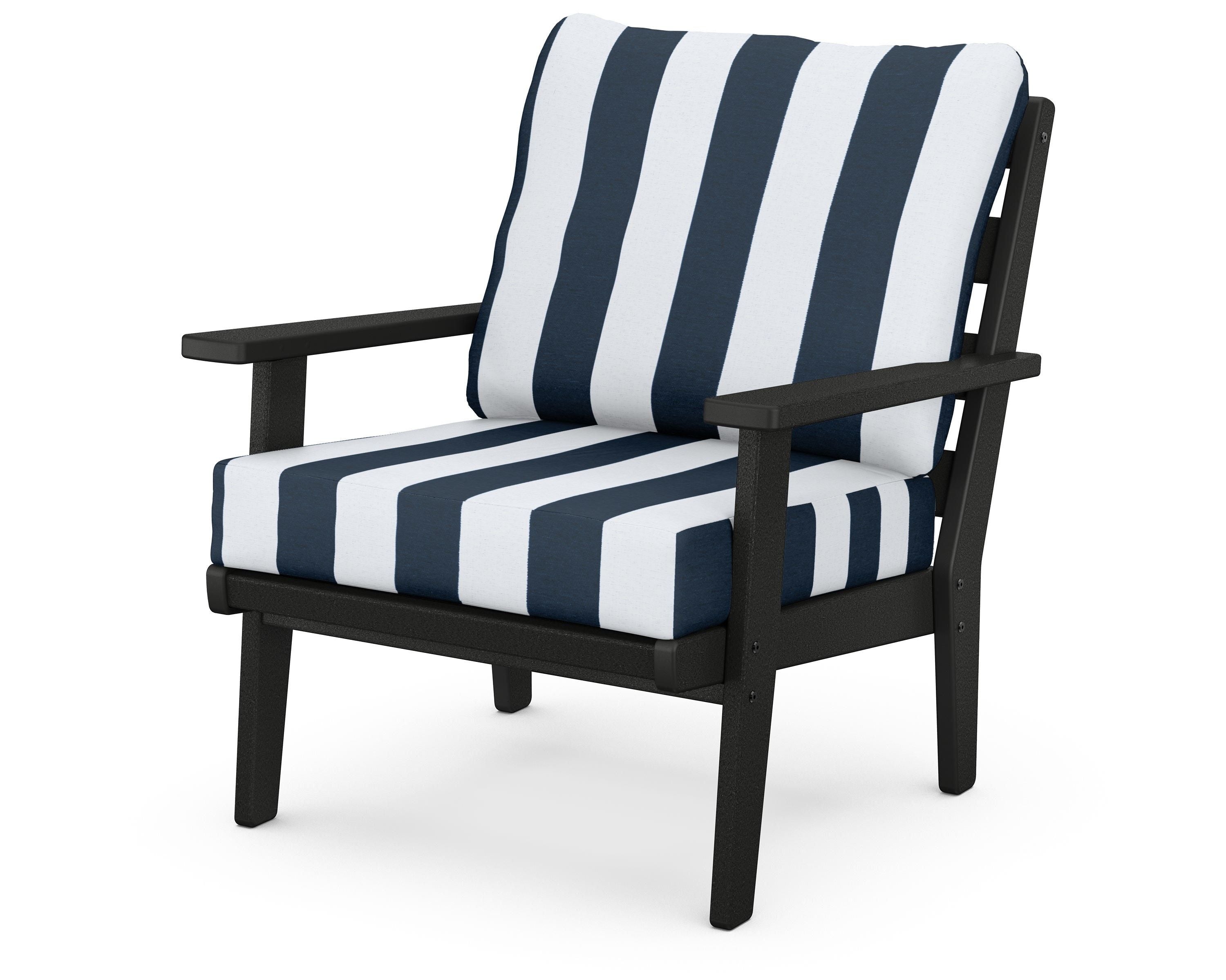 POLYWOOD® Grant Park Deep Seating Chair in Black / Cabana Stripe Marine Indigo