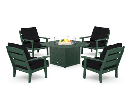 POLYWOOD® Lakeside 5-Piece Deep Seating Set with Nautical Fire Pit Table in Green / Midnight Linen