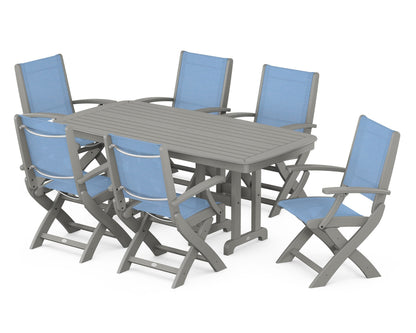 POLYWOOD® Coastal Folding Arm Chair 7-Piece Dining Set in Slate Grey / Poolside Sling