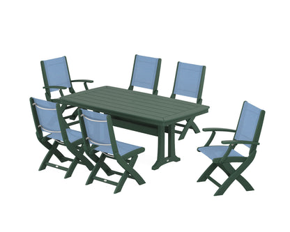 POLYWOOD® Coastal Folding Chair 7-Piece Dining Set with Trestle Legs in Green / Poolside Sling