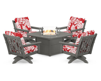 POLYWOOD® Vineyard 5-Piece Deep Seating Swivel Conversation Set with Fire Pit Table in Slate Grey / Leaf Crimson
