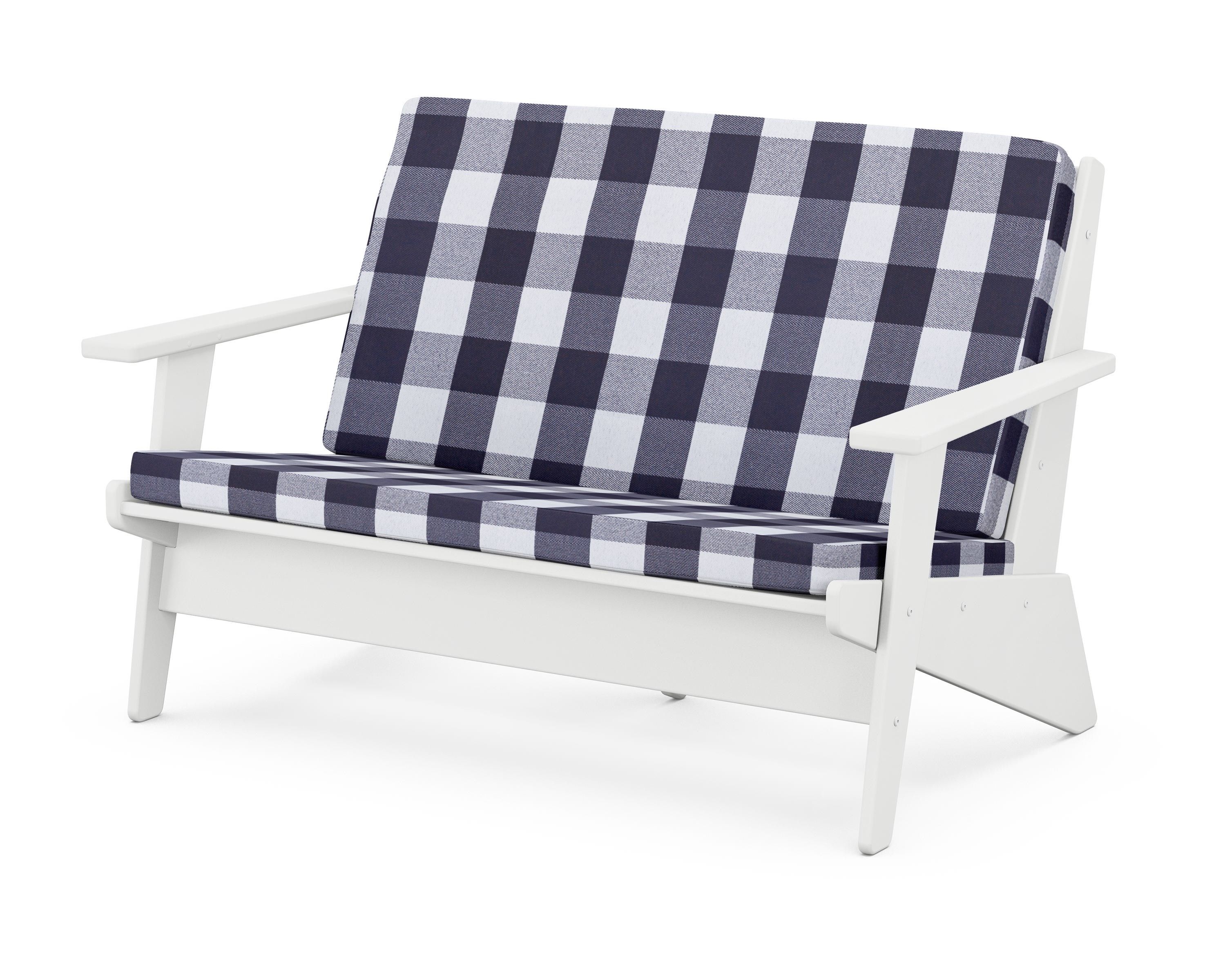 POLYWOOD® Riviera Modern Lounge Loveseat in White / Buffalo Plaid Navy