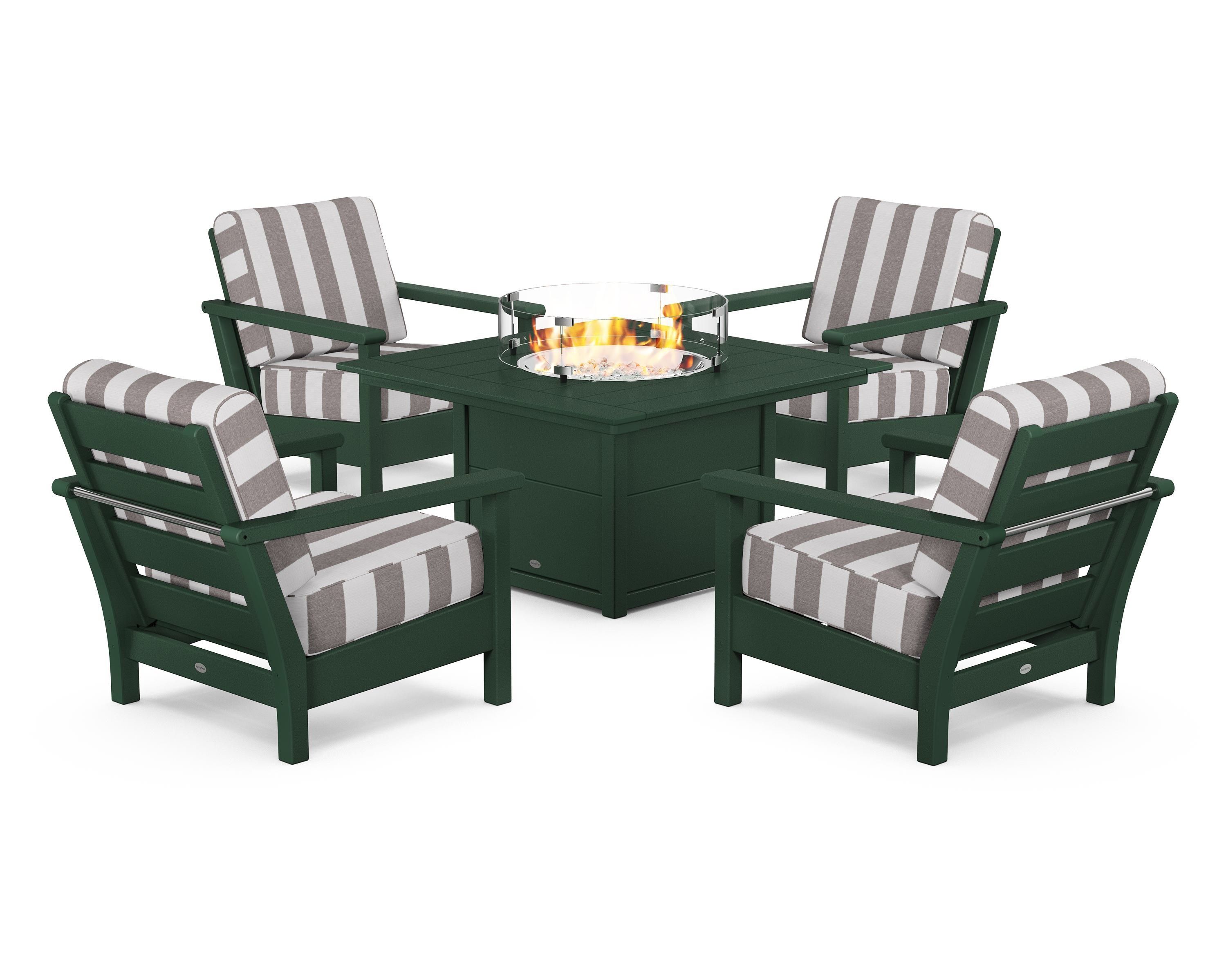 POLYWOOD® Harbour 5-Piece Conversation Set with Fire Pit Table in Green / Cabana Stripe Grey Mist