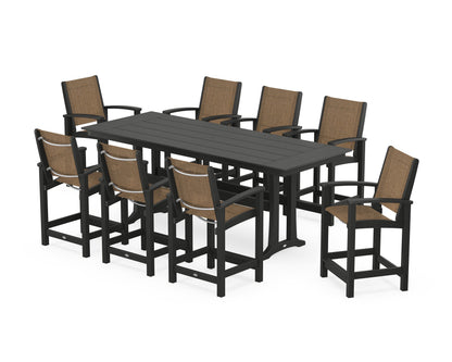 POLYWOOD® Coastal 9-Piece Farmhouse Counter Set with Trestle Legs in Black / Burlap Sling