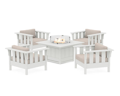 Martha Stewart by POLYWOOD® Acadia 5-Piece Deep Seating Set with Fire Pit Table in White / Blend Linen