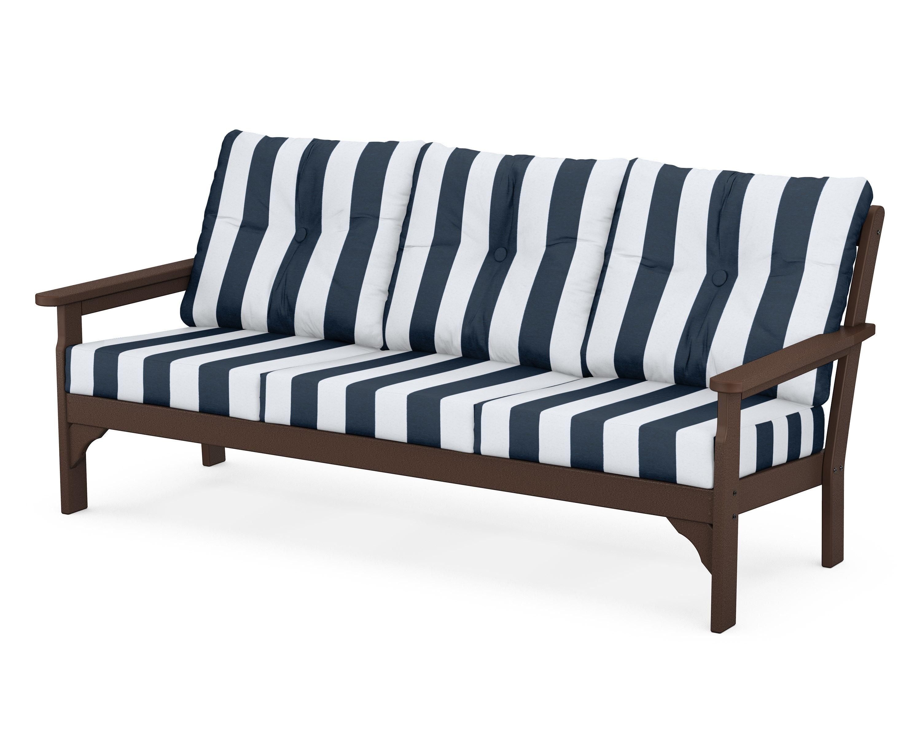 POLYWOOD® Vineyard Deep Seating Sofa in Mahogany / Cabana Stripe Marine Indigo